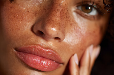 Naklejka premium Close-up of woman face showing glossy lips, healthy glowing skin, hand gently touching cheek. Features clean, manicured nails, focus on natural beauty, skincare. Image evokes sense of sensuality,