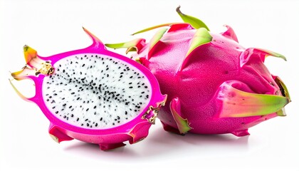 Vibrant Dragon Fruit Halved and Whole Showcasing Exotic White Flesh and Black Seeds