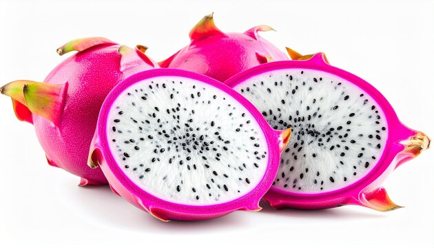 Vibrant dragon fruit halves reveal striking white flesh dotted with tiny black seeds, a healthy tropical delight