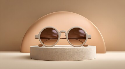 Chic round sunglasses with thick beige frames and brown gradient lenses in a retro style.