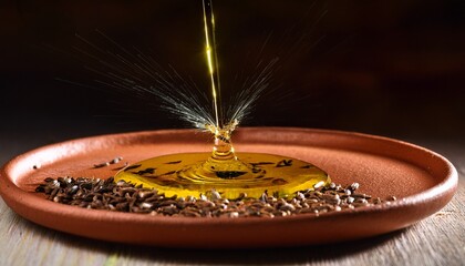 Golden oil splash with seeds on terracotta plate, evoking culinary artistry and flavor