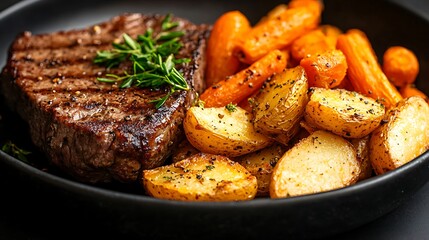 Juicy grilled steak with roasted potatoes and carrots, garnished with rosemary