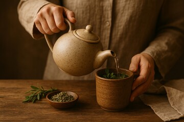 Hands making herbal tea in a rustic cup
