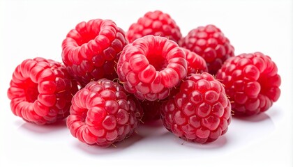 Fresh, juicy raspberries piled high against a white background, perfect for healthy eating