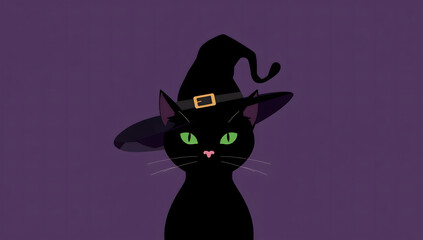 A black cat wearing a witch's hat with a gold buckle against a purple background.