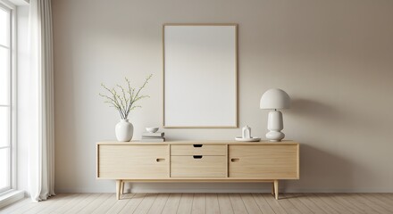 Fototapeta premium A light wood credenza sits under a blank framed poster against a beige wall adorned with a lamp and vase
