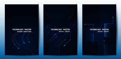 Futuristic digital blue line technology poster set, glowing lines innovation and connection network background for tech event poster or presentation product business
