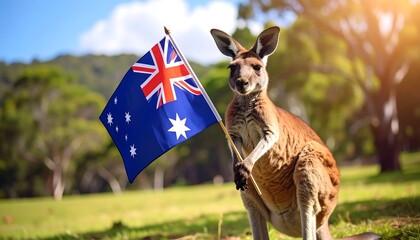 Kangaroo holding Australian flag in a sunny field