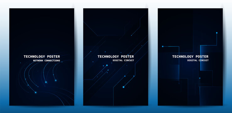 Futuristic digital blue line technology poster set, glowing lines innovation and connection network background for tech event poster or presentation product business