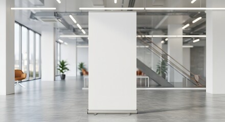 Blank retractable banner stand displayed in a modern brightlylit office space with a polished floor
