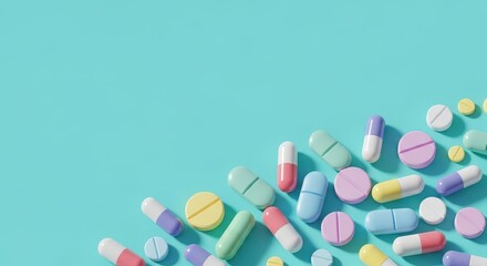 Colorful assortment of pills and capsules representing a pharmacy concept for medication and healthcare