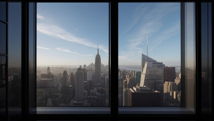 High-angle view of New York City skyline through large windows, showcasing skyscrapers and a clear sky.