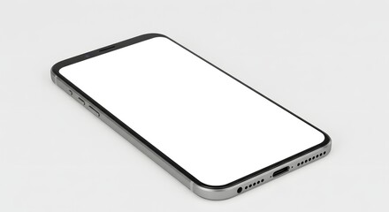 Smartphone with blank white screen laying on a white surface angled perspective