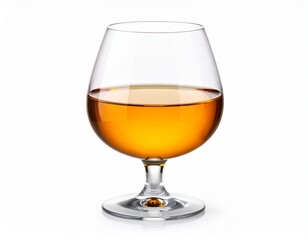 Studio product shot of a brandy snifter filled with golden liquor, isolated on white.
