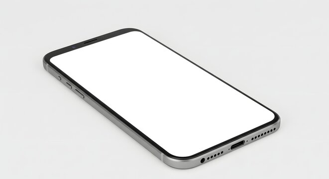 Smartphone with blank white screen laying on a white surface angled perspective