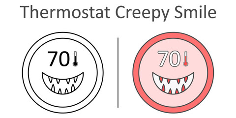 Thermostat with Creepy Smile icon — haunted Halloween smart thermostat screen forming sinister jagged grin with glowing teeth, spooky tech illustration.
