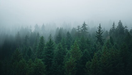 Misty dense dark green pine forest serene nature landscape