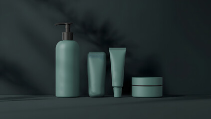 Elegant green cosmetic products arranged on a dark surface, subtly lit with leaf shadows.