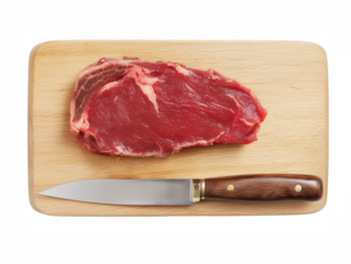 Raw steak with visible marbling on a wooden cutting board with a knife on transparent background