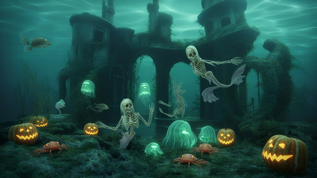 Spooky underwater halloween scene with skeleton mermaids and glowing pumpkins - Powered by Adobe