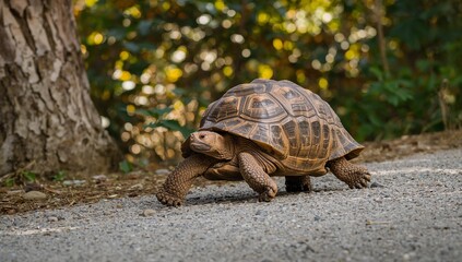 Fototapeta premium Weathered tortoise with textured shell in natural outdoor setting