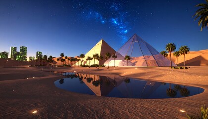 Modern pyramids in desert oasis at twilight