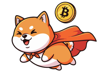 Shiba Inu Superhero Flying with Bitcoin Wearing Cape and Bandana.