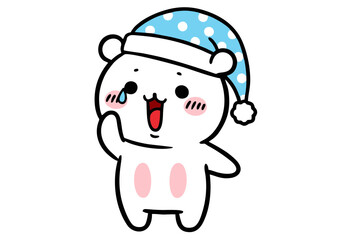 Cute Cartoon Bear Wearing Polka Dot Sleep Cap Waving Hand.