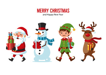 Festive Christmas Characters Walking with Gifts Santa Elf Reindeer Snowman.