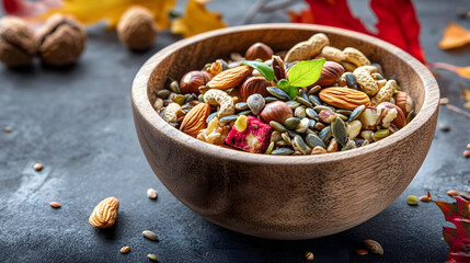 Fototapeta premium A wooden bowl filled with a mix of nuts and seeds on a dark surface.