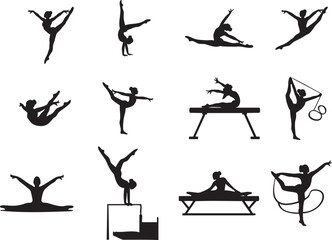 Female Gymnastics Silhouette Vector Set. Rhythmic Gymnastics and Acrobatics.