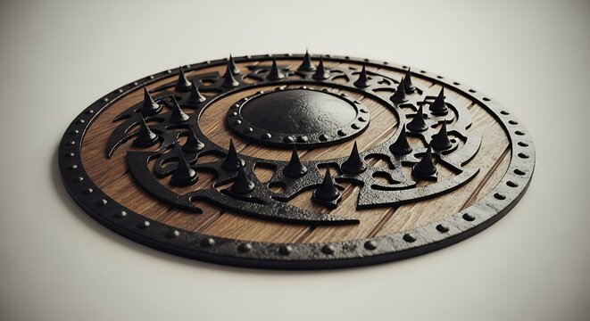 Intricate viking shield with wooden texture and sharp metal spikes design element