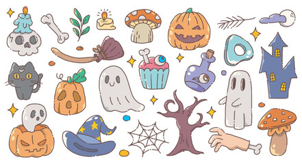 Halloween Doodle Clipart Set &ndash; Cute Spooky Illustrations for Stickers, Invitations, and Crafts