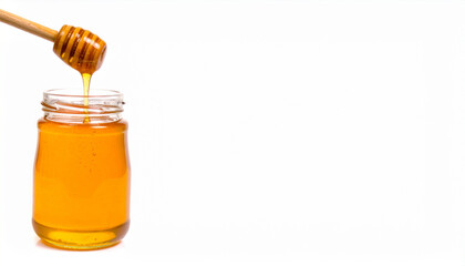 Golden honey drips from wooden dipper into glass jar, pure sweetness for your healthy lifestyle.