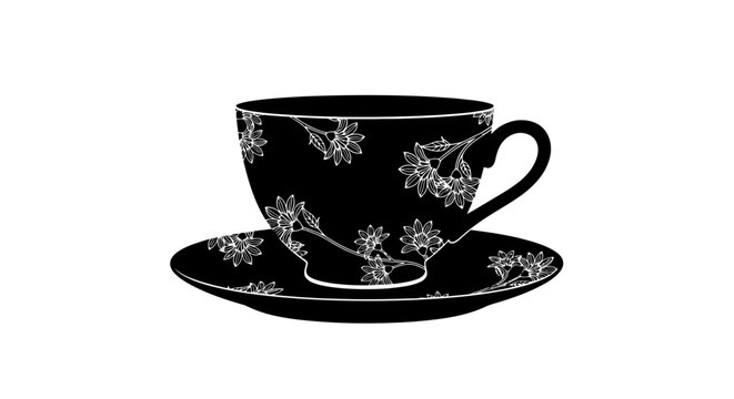 elegant black teacup and saucer with floral design perfect for cafe menus tea packaging or vintagestyle branding - Powered by Adobe