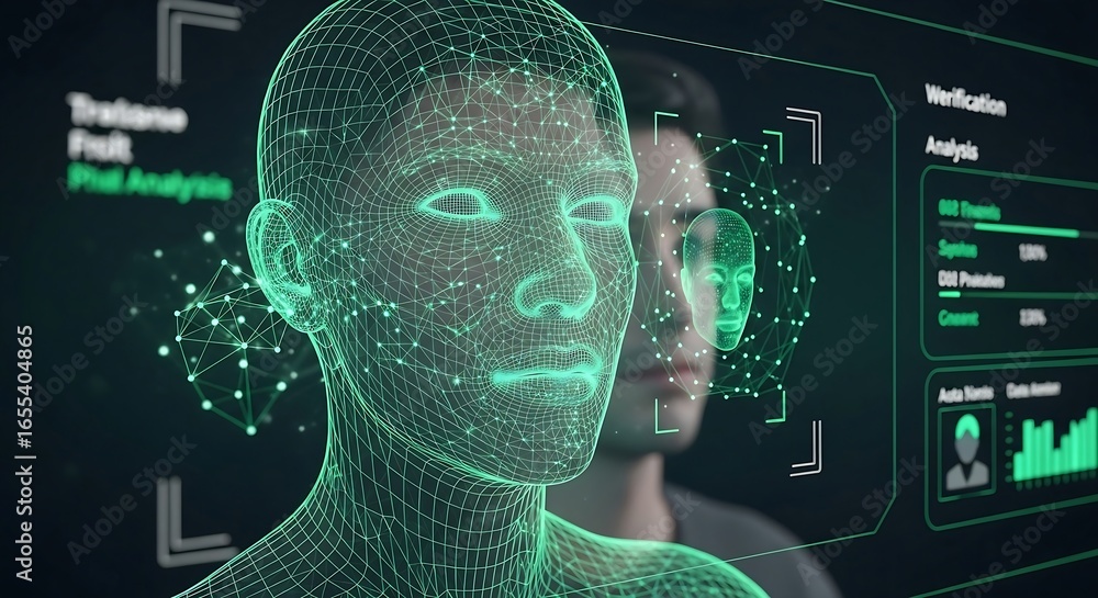 Aufkleber green digital face analysis with biometric data and user profile on screen