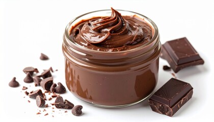 Decadent chocolate spread in a jar with chocolate chips and bars, perfect dessert treat