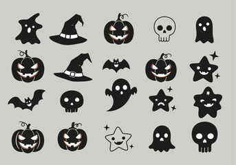 Minimalist Halloween icons in black silhouette style on a light gray background. Cute and spooky designs including pumpkins with different faces, witch hats, ghosts, skulls, and star-like