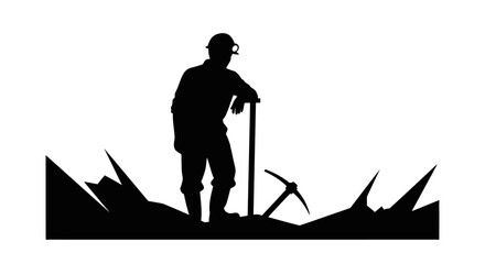 weary miner leaning on pickaxe a silhouette representing hard work mining industry and resource extraction challenges