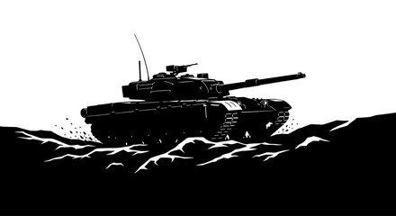 powerful silhouette of a tank advancing across rugged terrain perfect for military strategy or warthemed designs