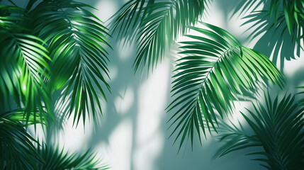 Obraz premium A surreal white minimalist office covered in vibrant green tropical palm leaf wallpaper. 