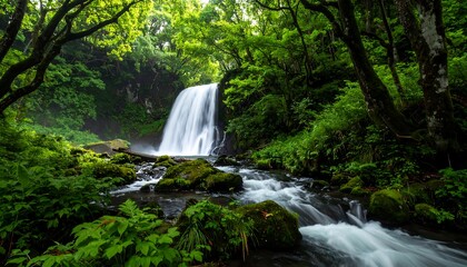Fototapeta premium Lush waterfall cascading through a verdant forest