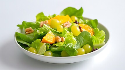 Fresh fruit and walnut salad in a bowl, isolated on white background