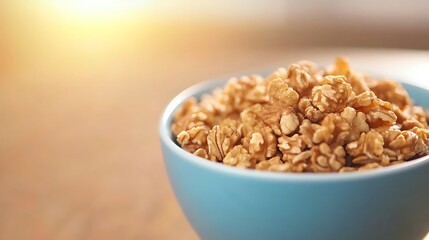Obraz premium A closeup shot of crunchy granola cereal in a blue bowl with warm sunlight