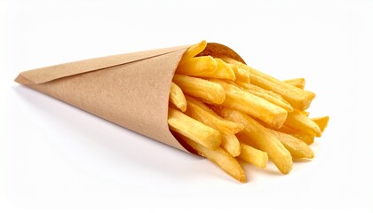 Golden french fries overflowing from kraft paper cone, perfect for fast food menus and restaurant promotions