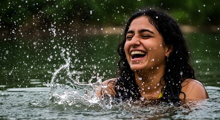 Fototapeta premium A woman laughing in the water with water splashing around her in a natural outdoor setting scene