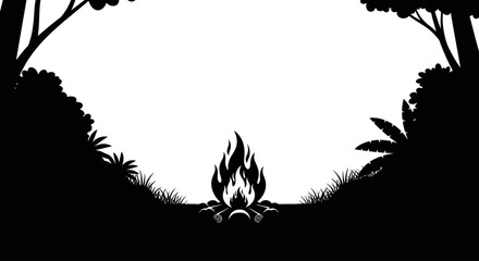 campfire silhouette tropical night scene for storytelling book covers and adventure designs