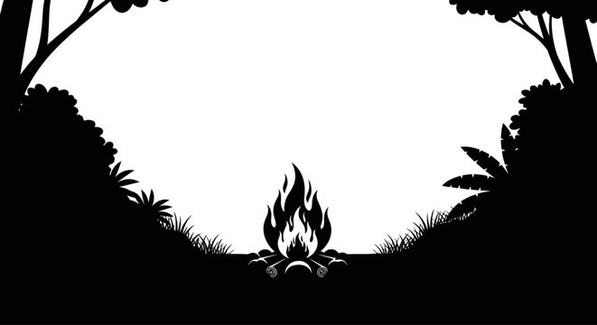campfire silhouette tropical night scene for storytelling book covers and adventure designs