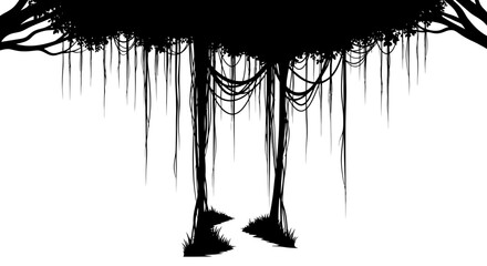 mysterious jungle silhouette create enthralling game backgrounds book illustrations or dramatic website headers with this eerie highcontrast banyan tree image