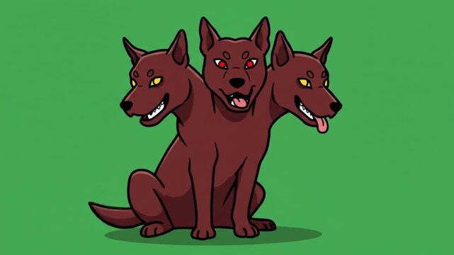 Three-Headed Dog Sitting Cartoon Illustration on Green